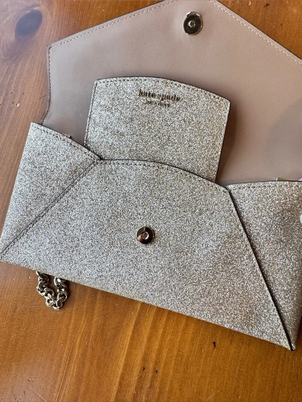 kate spade metallic glitter envelope clutch and card holder in gold
